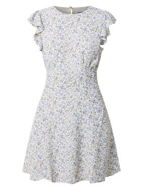 Reformation Idalia Dress featuring a cream and blue ditzy floral print